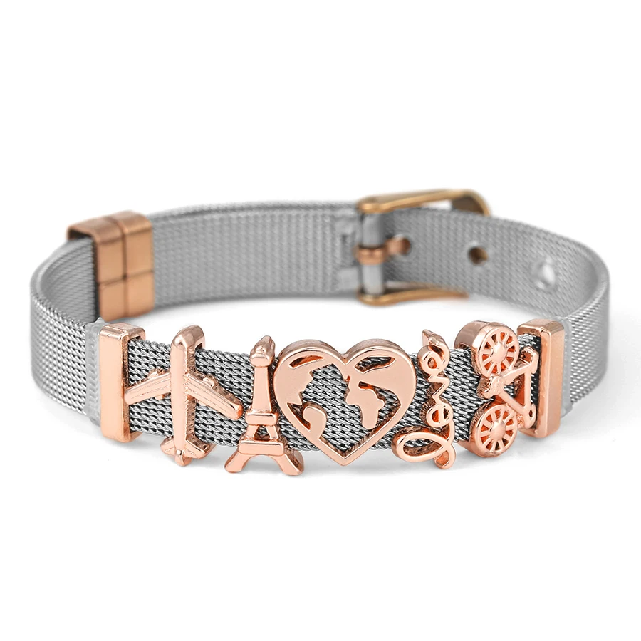 

Dinglly Fashion Stainless Steel Strap Bracelet For Women Men Original Heart Map Charm Bicycle Aircraft Iron Tower Beads Bangles