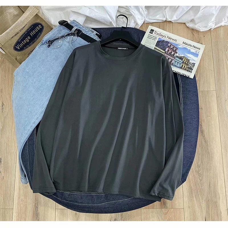 

New 14 Color Long-sleeve Bottoming shirt Male Loose Plus Size Casual Top Basic Style New Fashion Black White Orange Blue Gray