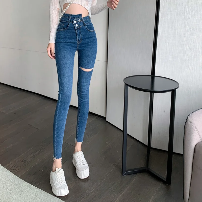 

Price High Waist Ripped Jeans for Women Early Autumn New Diagonal Buckle Elastic Skinny Slimming Cropped Pencil Pants