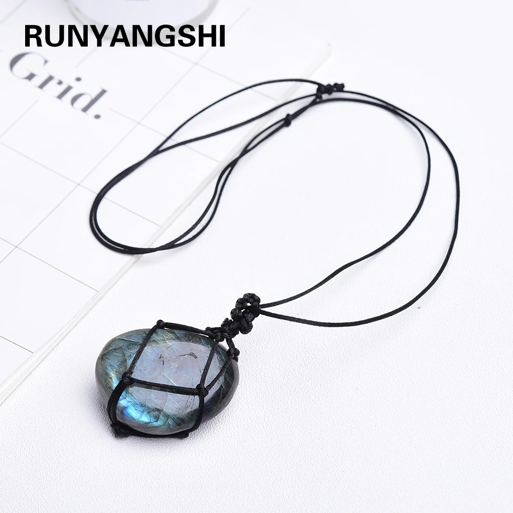 

Runyangshi 1pc Natural crystal original stone pendant labrador feldspar Hand woven mesh Necklace Moonstone Gemstone ornament