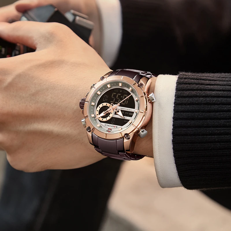 

NAVIFORCE Watch Top Brand Fashion Blue Men Dual Display Watches Mens Stainless Steel Luxury Business Waterproof Wrist Watches