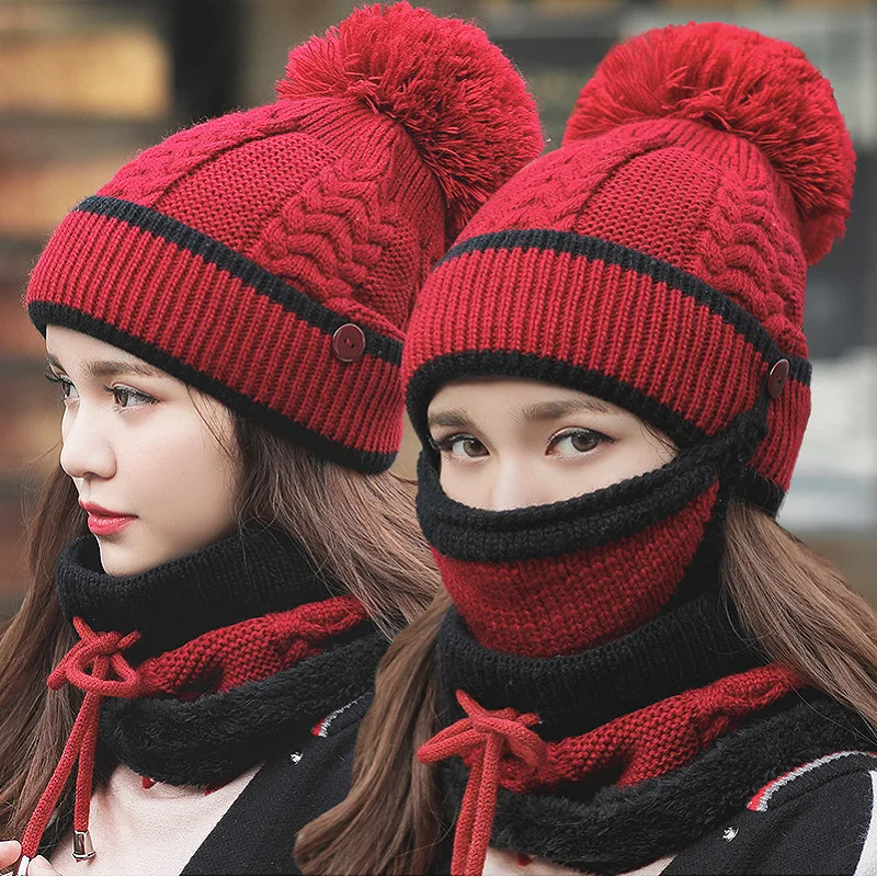 

Women Winter Hat Mask Bib 3 Piece Set Velvet Thick Knitted Hat Warm Ear Protection Mixed Color Woolen Hat for Women Caps