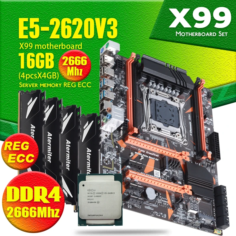 X99 D4 материнская плата с Xeon E5 2620 V3 LGA2011 3 CPU 4 шт. X ГБ = 16 Гб 2666 МГц DDR4 память REG ECC RAM USB3.0
