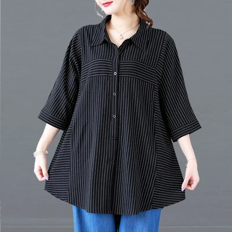 

Fashion Women Spring Summer Loose Shirts Temperament Elegant Polo-Neck StripeBloouses Korean Ladies Tops Blusas MM1159