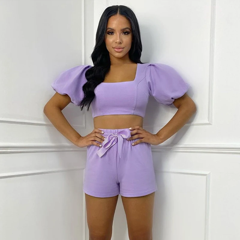 

YICIYA 2021 New summer women's Leisure sports style clothing Puff sleeve crop top Lace-up Solid color shorts Two-piece suit