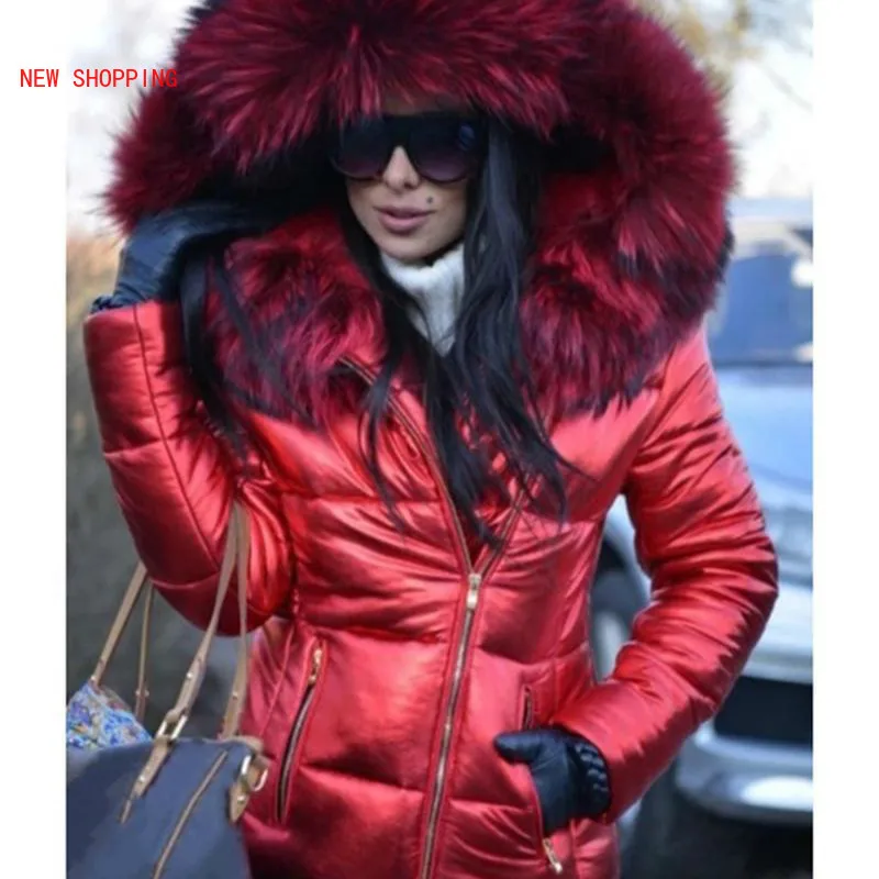 Winter Faux Fur Hooded Warm Jackets Parkas 2022 Woman Luxurious Long Sleeve Slim Fit Thick Coats Female Zipper Casual Jacket Red