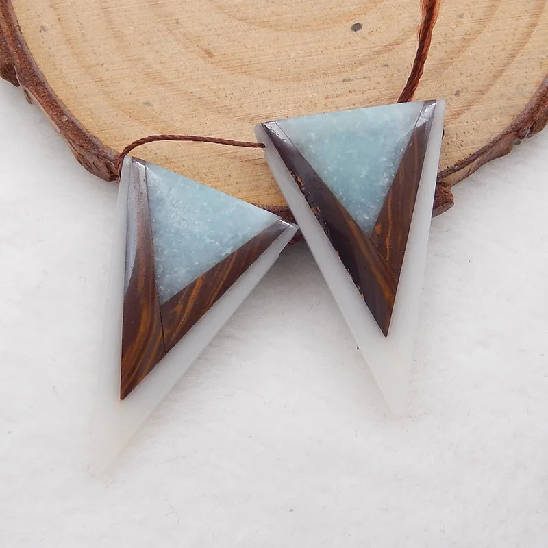 

Jewelry accessories,Triangle Amazonite,White Jade,Tiger Eye Intarsia Gemstone beaded earrings, 30x19x4mm, 5.5g