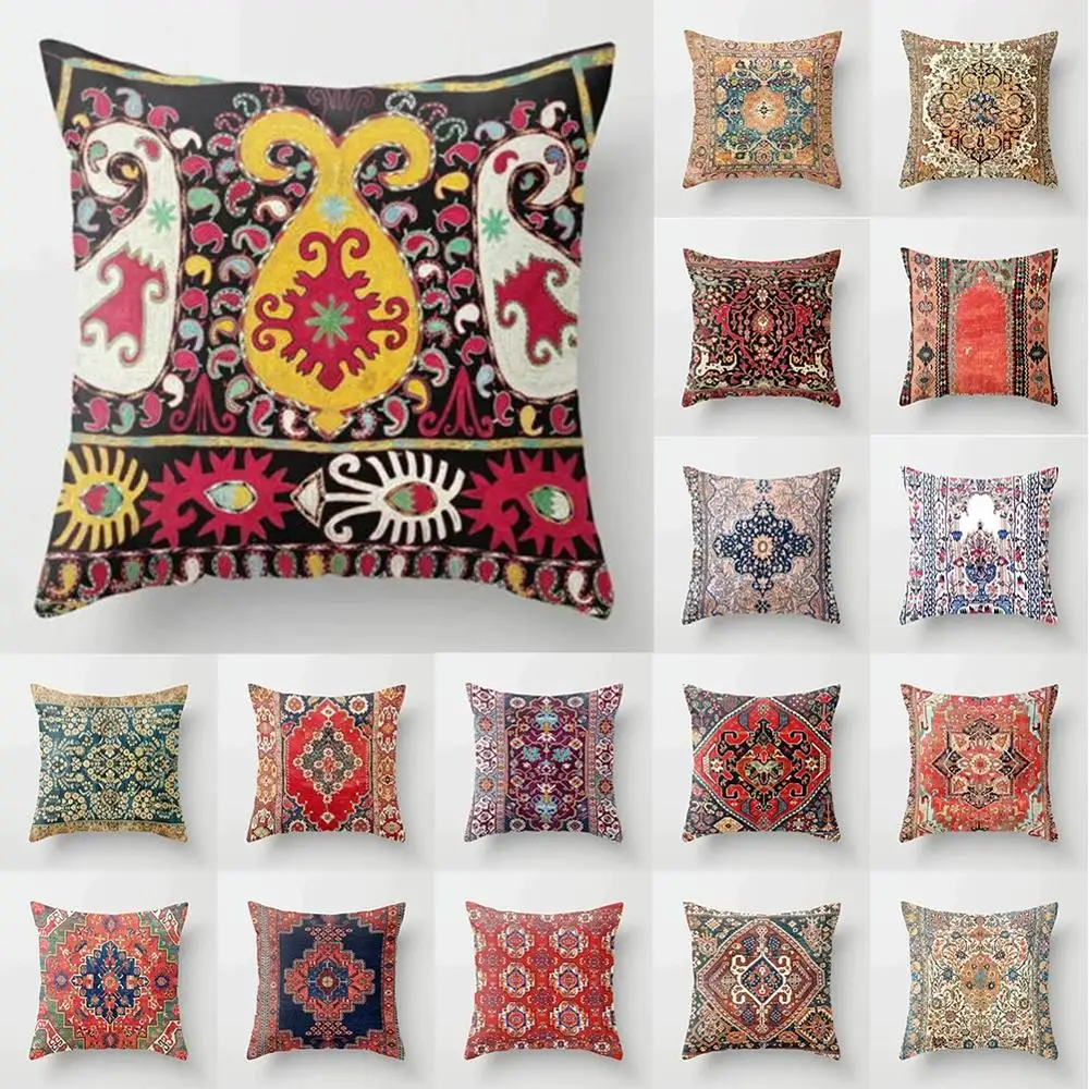 

Bohemian National Print Art Style Square Plush Cushion Cover Decorative Pillow Case 45x45 Cm Stylish Home Room Accessories