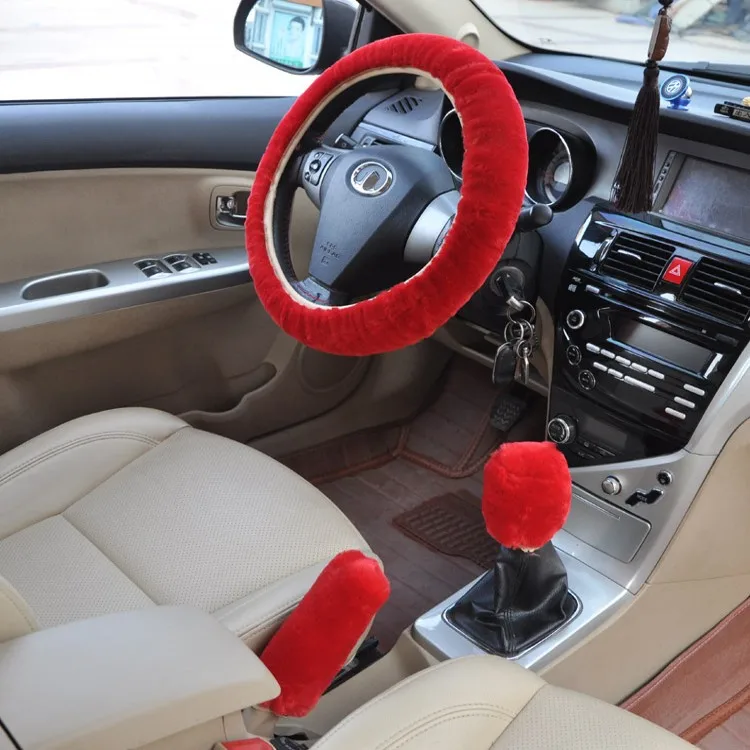 

Universal Car Steering Wheel Cover Winter Car Short Wool Velvet Three-Piece Grip Cover Hand Brake Cover Car Accessories Interior