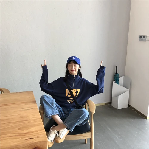 На Молнии Темно голубые с буквами принтом повседневная свободная воротником