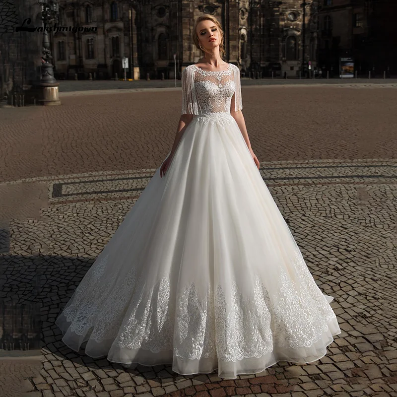 

Lakshmigown A-Line Wedding Dress 2021 Scoop Neck Beaded Tassels Tulle Bride Dresses Cathedral Vestido De Noiva De Princesa
