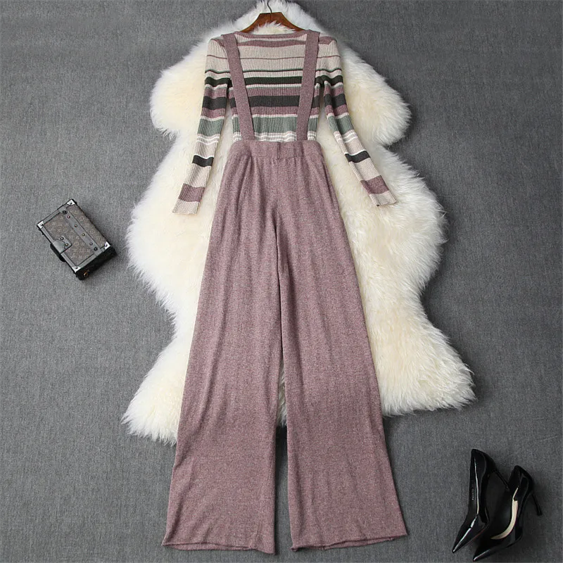 Женский комплект из 2 предметов трикотажный свитер в полоску и брюки с широкими