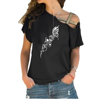 beautiful rose butterfly print woment shirt new summer cotton short sleeve woman irregular skew cross tops