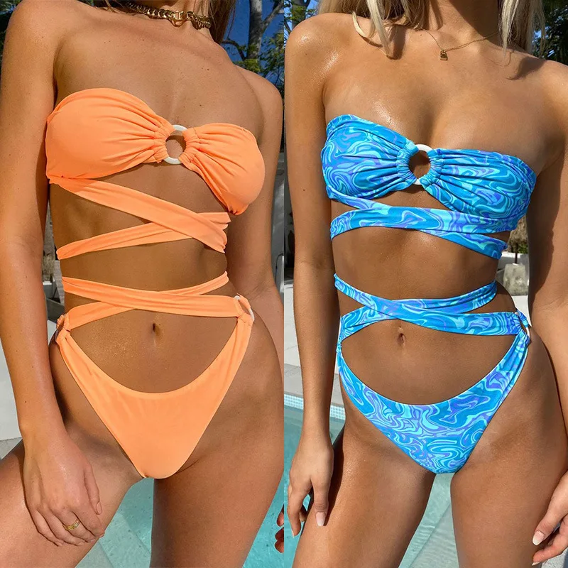 

2021 new swimsuit multicolor ring strap sexy swimwear split bikinis Set Solid Push Up Beach Bathing Suit Swim Wear Female