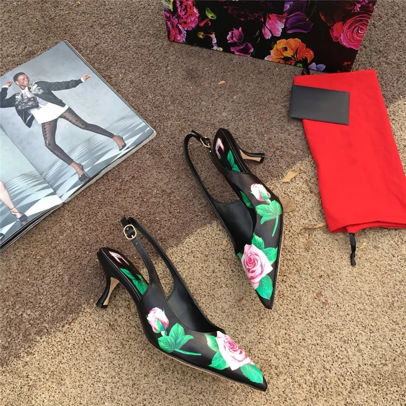 

New 2020 Spring Printed Flower Banquet Shoes Thin Heel Point Toes Slingback Crystal Buckle High Heel Rhinestone Women Pumps