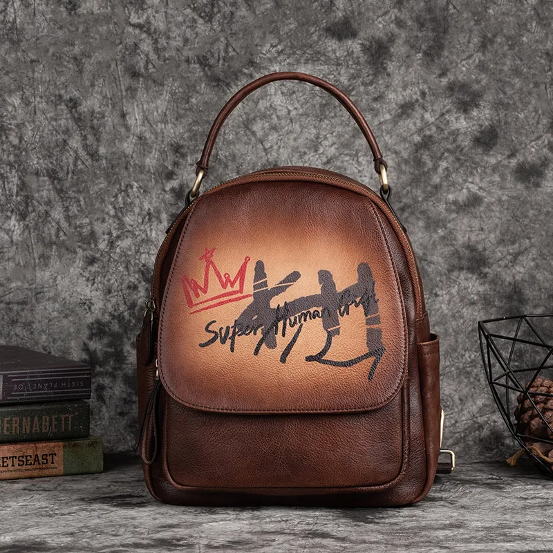 

Hand Painted Genuine Leather Women Bag 2022 Natural Soft Cowhide Backpack Leisure Large Capacity Ladies Outdoor Travel Tote Bags