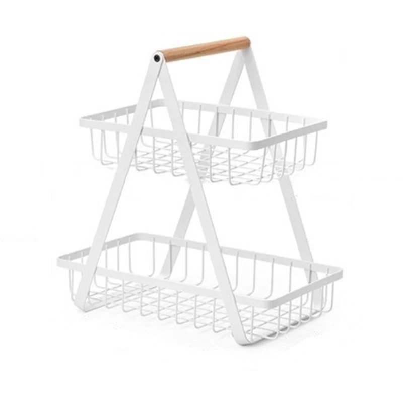 

Detachable Fruit Basket with Portable Wooden Handle Double layers Large Capacity Carbon Steel Fruit Holder for Fruits JS23