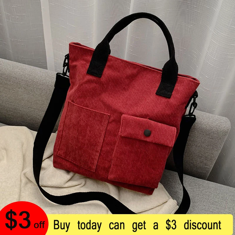 Женская Вельветовая сумка на молнии хлопковая Холщовая Сумка школьная для