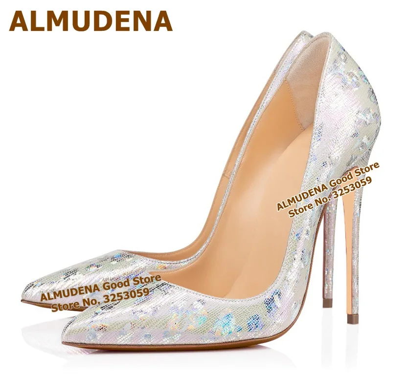 

ALMUDENA Silver Cracked Leather 12cm High Heels Pointed Toe Pattern Embellished Wedding Pumps Nightclub Gladiator Shoes Size45