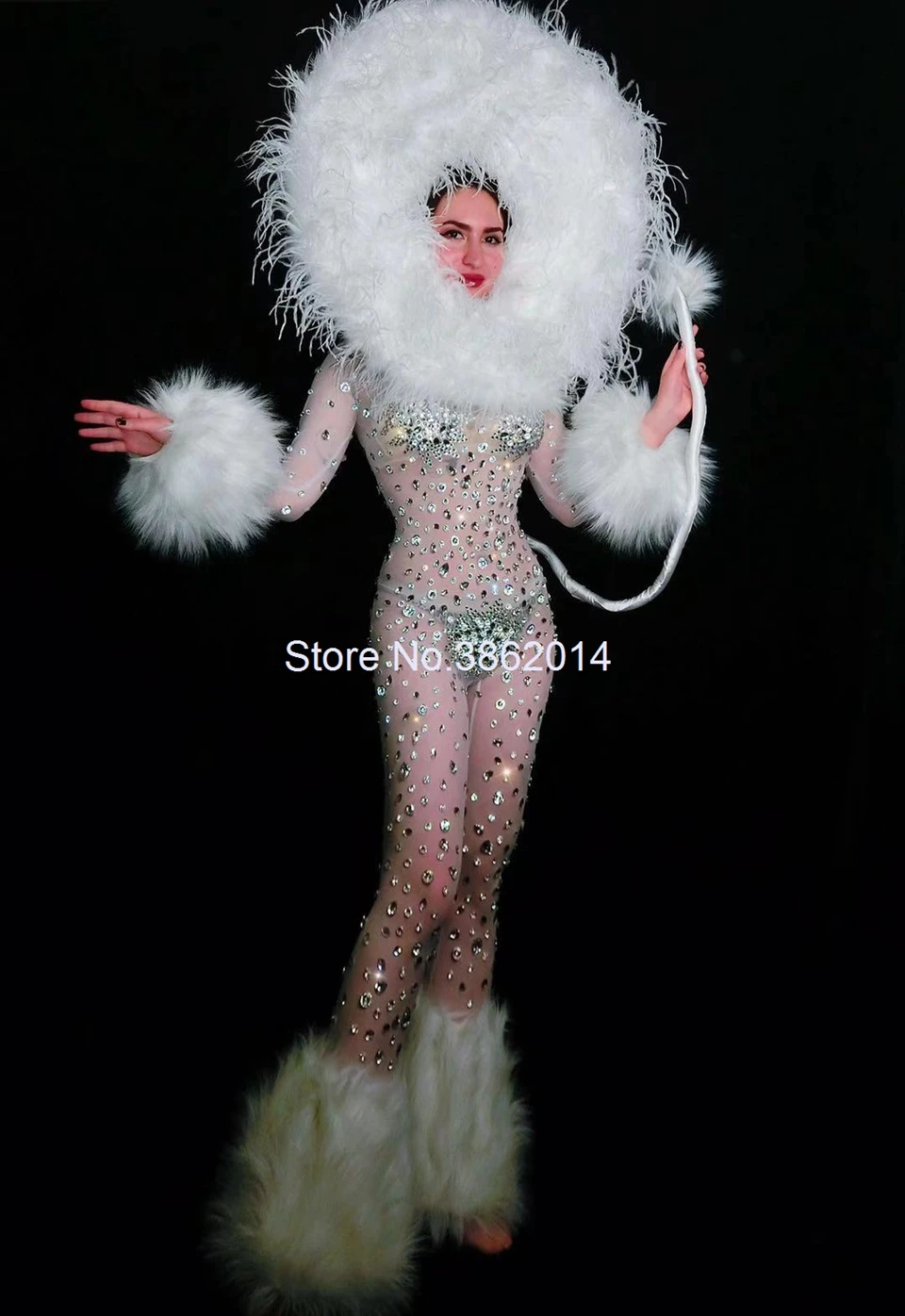 Блестящий Комбинезон стразы из искусственного меха головной убор с белыми