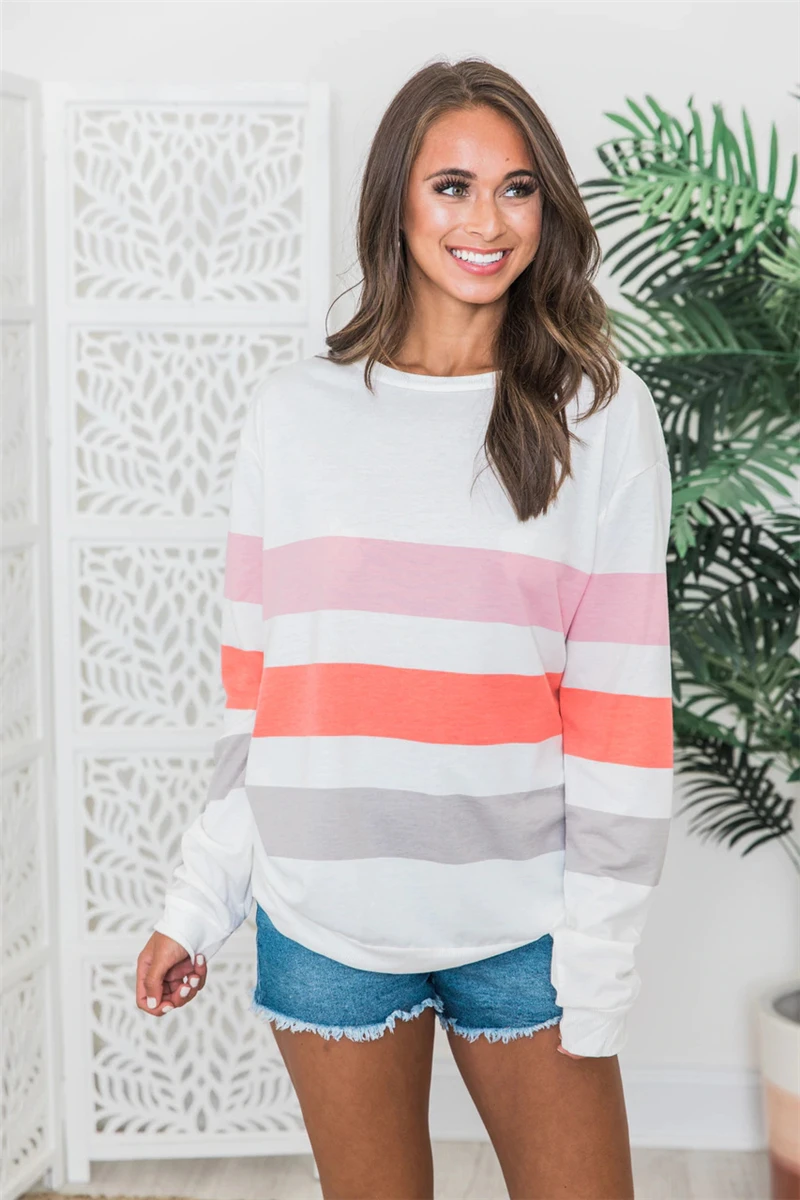 

Long Sleeve New Casual Women Cotton Autumn Hoodies Striped Printed Female Fashion Street Wear Casual Loose Long Tops Sweatshirts