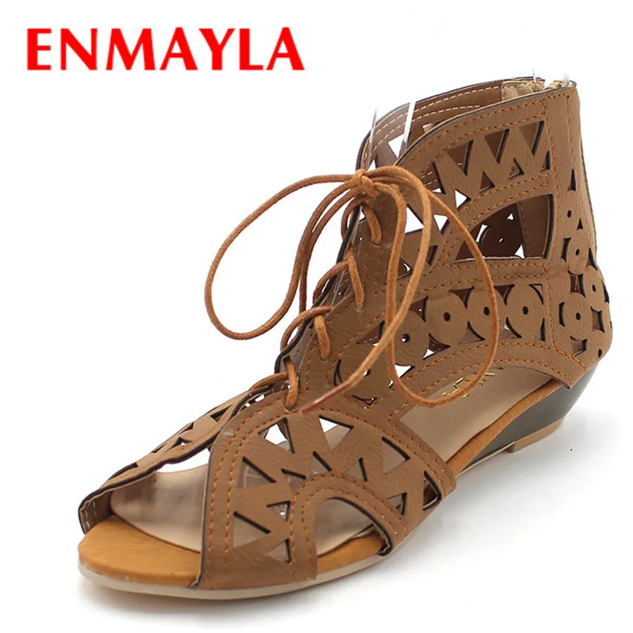 

ENMAYLA Big Size 34-43 Fashion Cutouts Lace Up Women Sandals Open Toe Low Wedges Bohemian Summer Shoes Beach Shoes Women