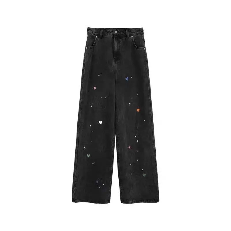 

2020 New Jeans Women Heart Embroidery Loose Straight Black Denim Trousers Korean Harajuku Vintage High Waist Casual Pants Femme