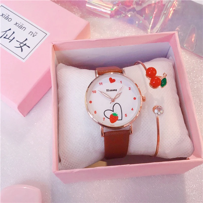 Часы на девочек с рисунками Клубнички люблю детей наручные часы кожаным ремешком