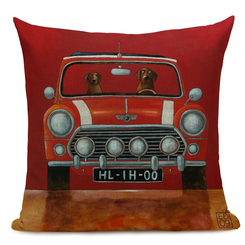 Hot Sale Pillow Lovely Cartoon Dog Cat Color Driving Car Vintage Almofadas 45X45CM Linen Pillow Decorative Linen Cushion Cover