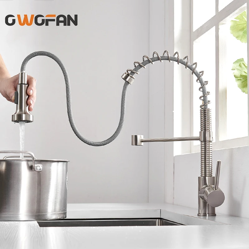 

OWOFAN Modern Polished Brushed Nickel Brass Kitchen Sink Faucet Pull Out Single Handle Swivel Spout Vessel Sink Mixer Tap N22207