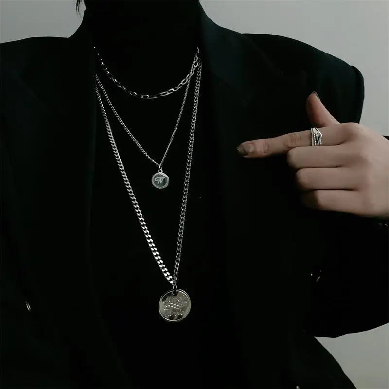 

Fashion new hip-hop three-layer chain stacked titanium steel round brand letter multi-layer necklace hot sale