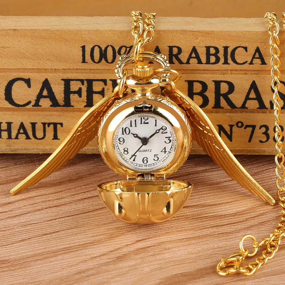 Кварцевые карманные часы с золотым крылом, круглым шаром, роскошные часы, винтажный Бронзовый кулон, цепочка для часов, ожерелье, подарок, Прямая поставка
