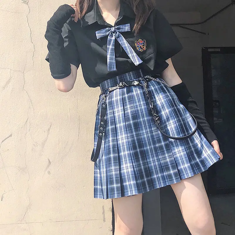 

skirt and top two piece set women blouses korean harajuku shirt black gothic JK high waist mini sexy plaid skirts women suits