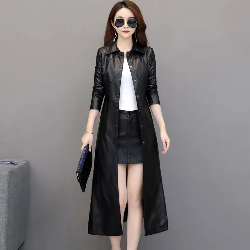 

2021 Woman Fit Faux Leather Coat Female Long Sleeve Solid Black Elegant Leather Slim Jackets Ladies Vintage Long Biker Jacket Q3