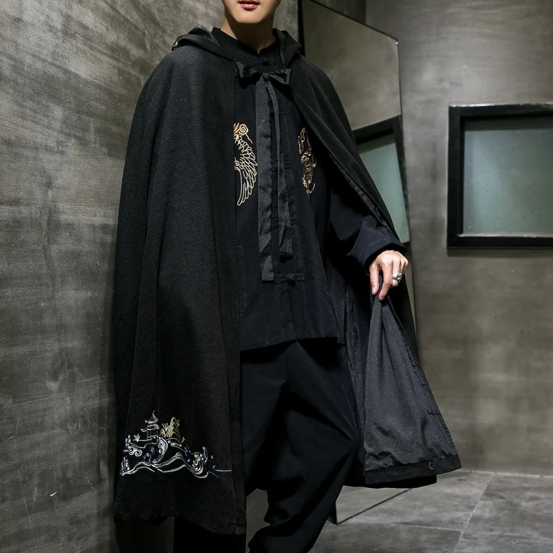Мужской Длинный плащ с вышивкой черное кашемировое пальто в стиле ретро зимняя