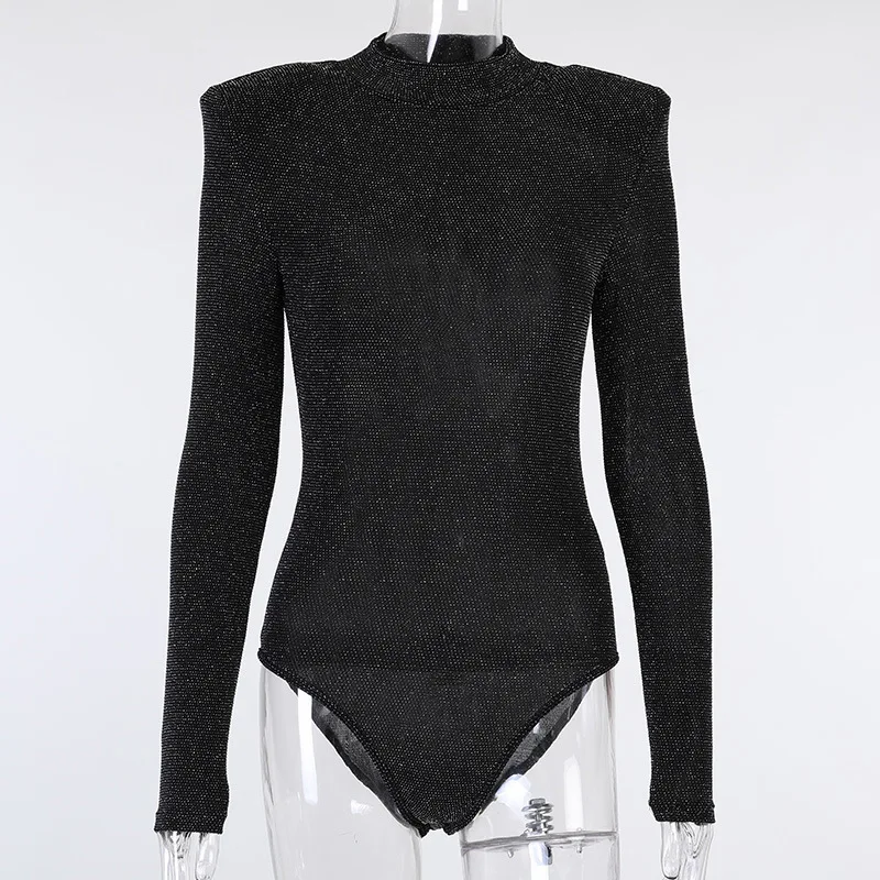2021 Women's Winter Bodysuit Female Long Sleeve Sexy Perspective Top Lady Turtleneck Glisten Mesh Slim Bodycon Jumpsuit Rompers