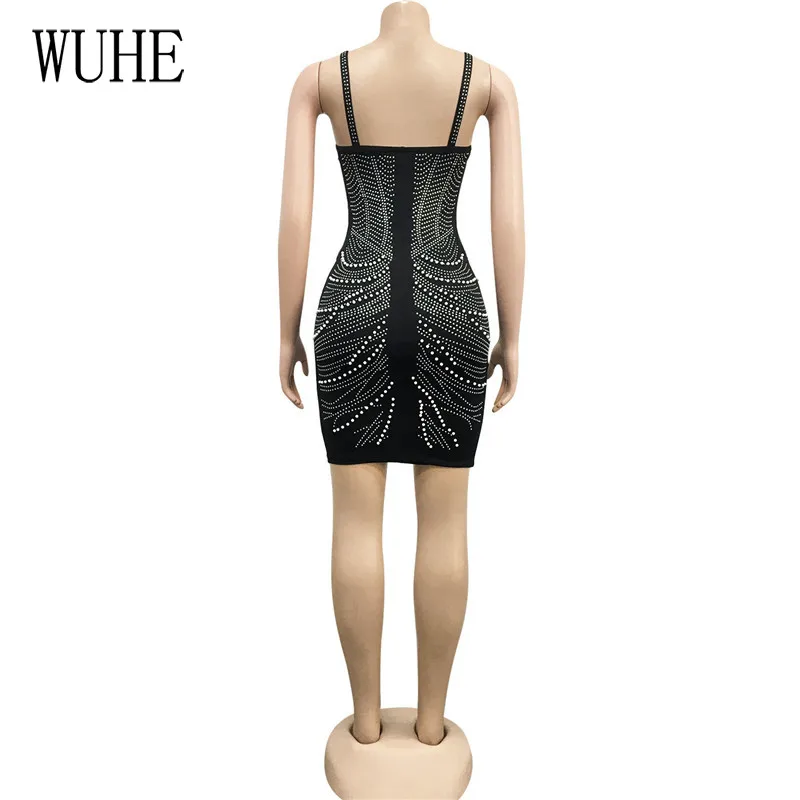 

WUHE Sexy Glitter Rhinestones Mesh Dress Backless Spaghetti Strap Beaded Bodycon Mini Dresses Women Club Wear Party Outfit