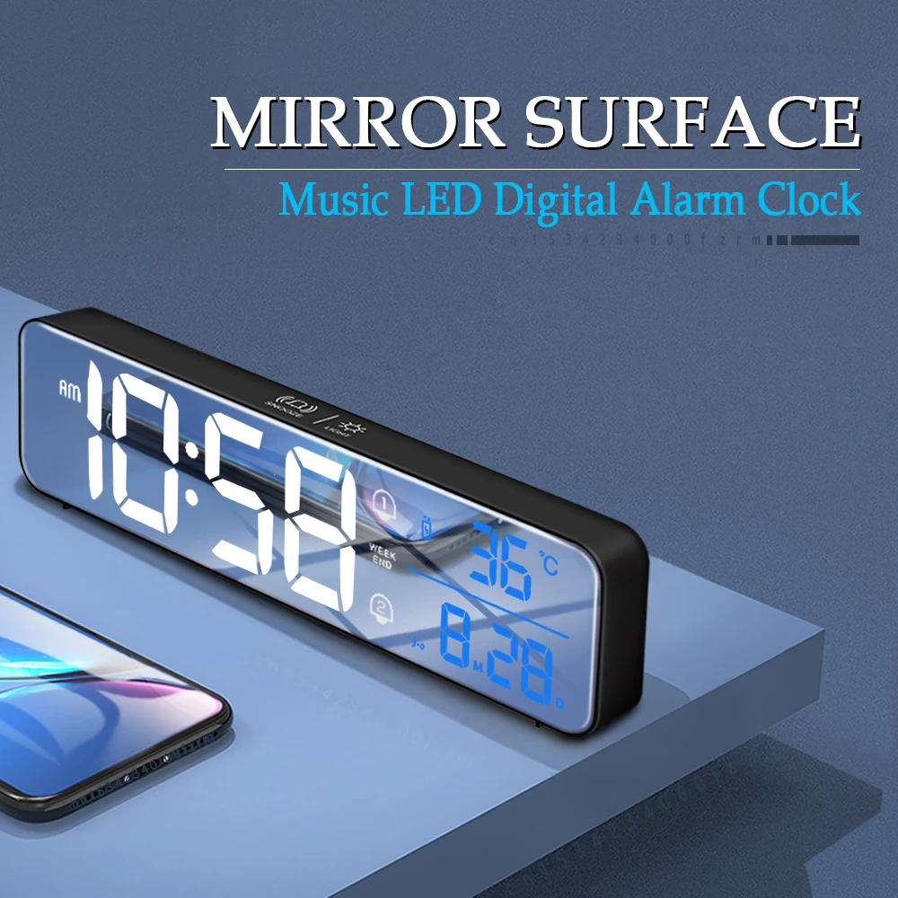 

Music LED Digital Alarm Clock Temperature Date Display Desktop Mirror Clocks Home Table Decoration Electronic Clock 2000 mAh