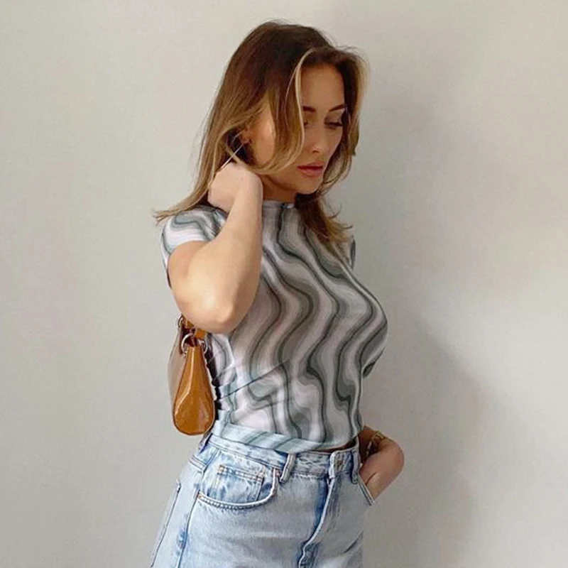 

YICIYA Wave Print Short Sleeve Mesh T Shirt Women Summer Y2K Transparent Elegant Crop Tops Ladies Fashion Casual Tees 2021