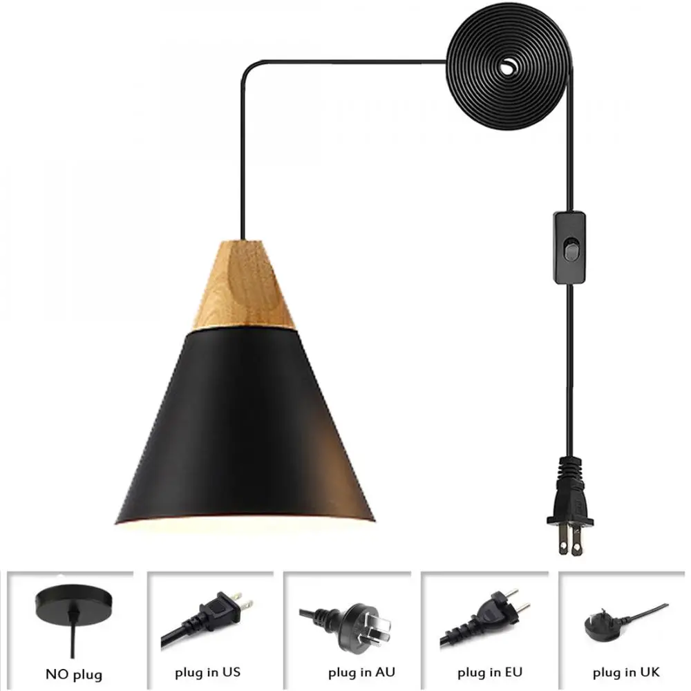

Современный деревянный подвесной светильник, потолочный светильник с черным металлическим абажуром, регулируемый подвесной шнур, промышл...