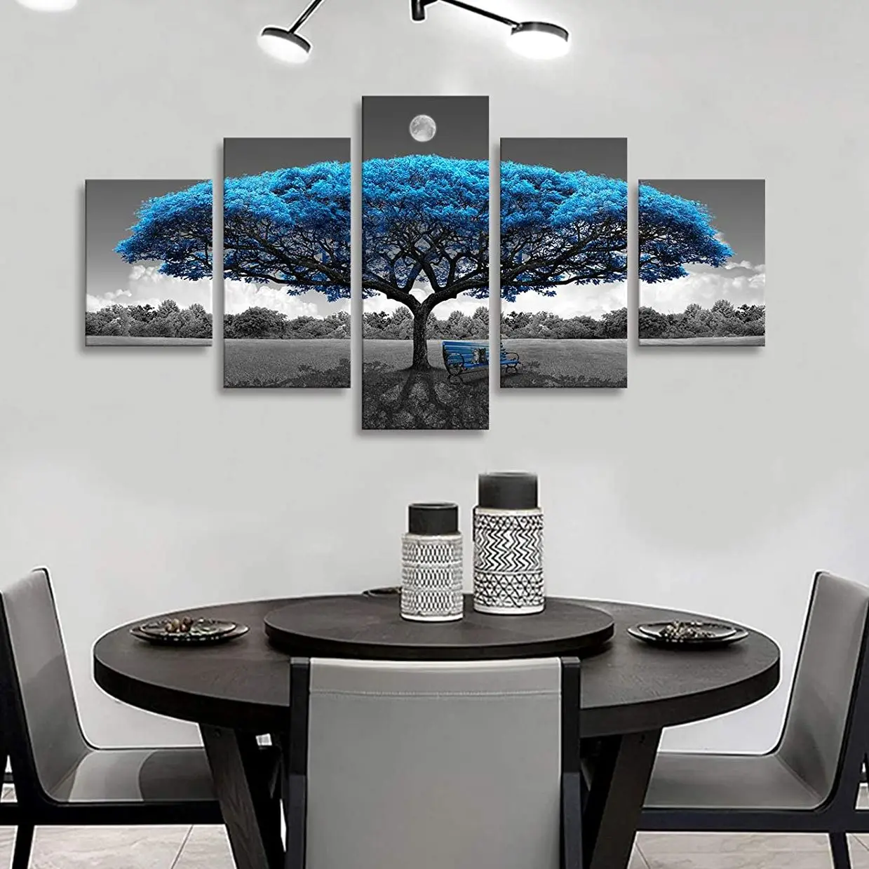 

Unframed 5 Panel Blue Tree Landscape Modular Modern Pictures Wall Art Home Decor Posters Canvas Paintings for Living Room