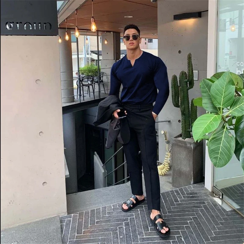 Мужская футболка с V образным вырезом и длинным рукавом для фитнеса повседневная