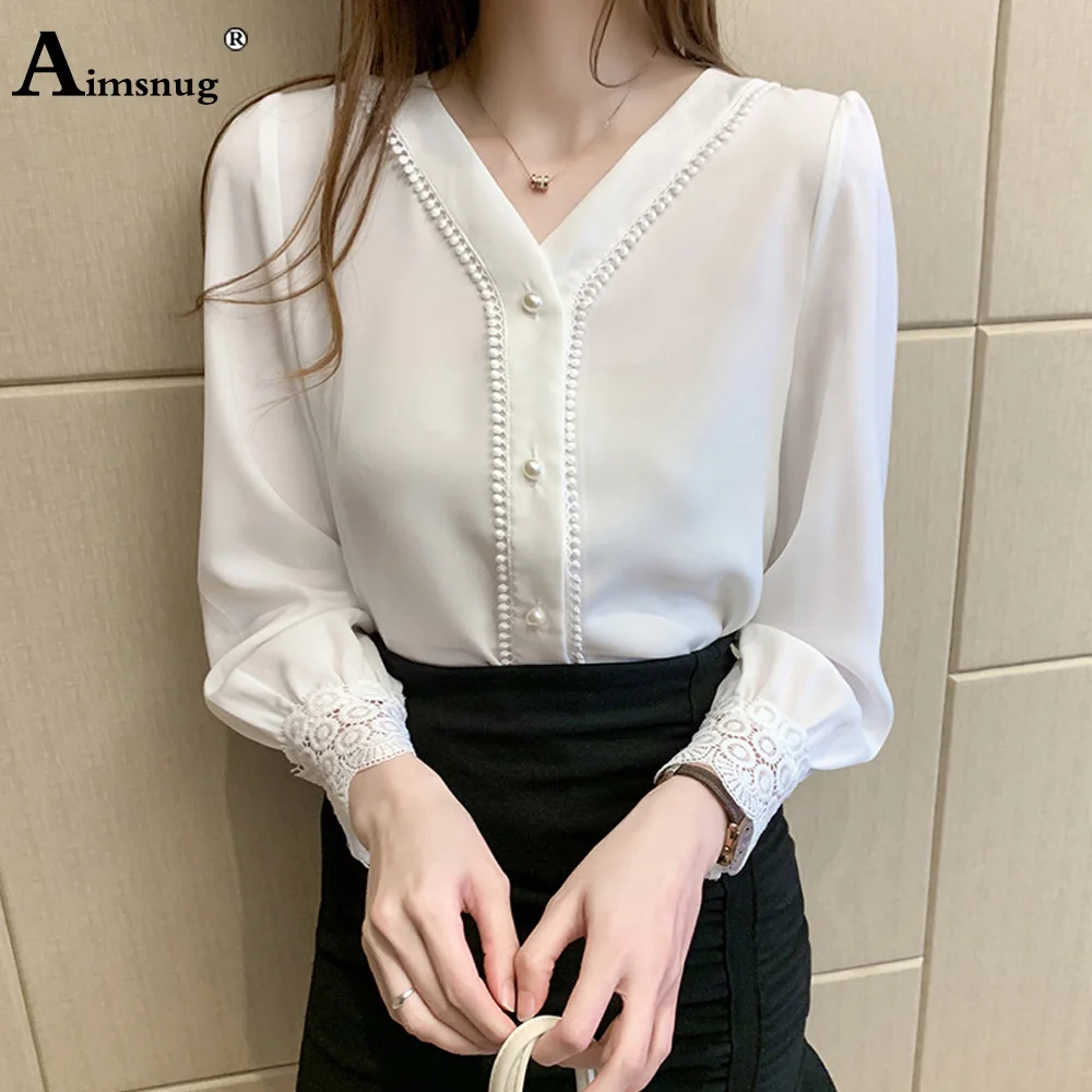 

2021 Summer Ladies Elegant Tops Female Blouse Shirt Patchwork Lace Long Sleeve Chiffon Basic Shirt Kpop Style Womens Blouse