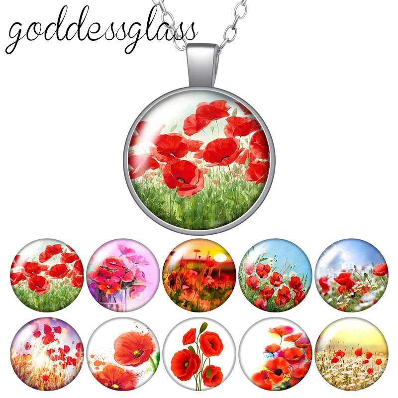 

New Beauty Red Art poppy Flowers Round Photo Glass glass cabochon silver plated/Bronze/Crystal pendant necklace jewelry Gift