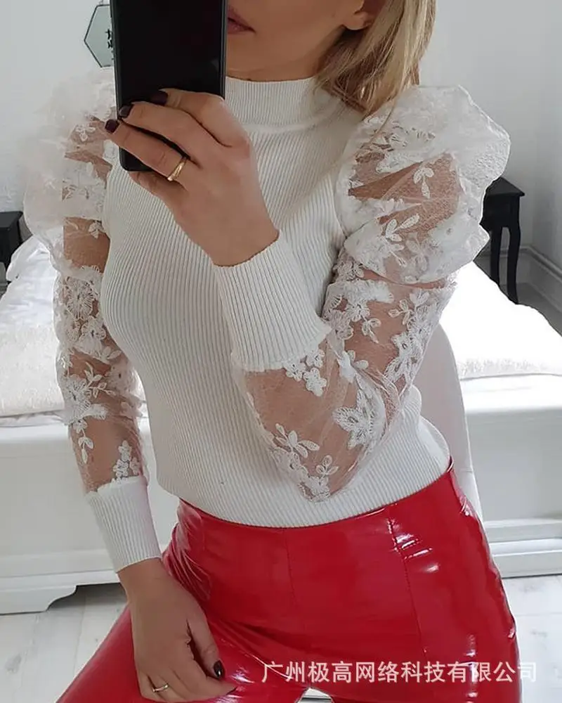 

2021 new women's splicing mesh jacquard knitted top