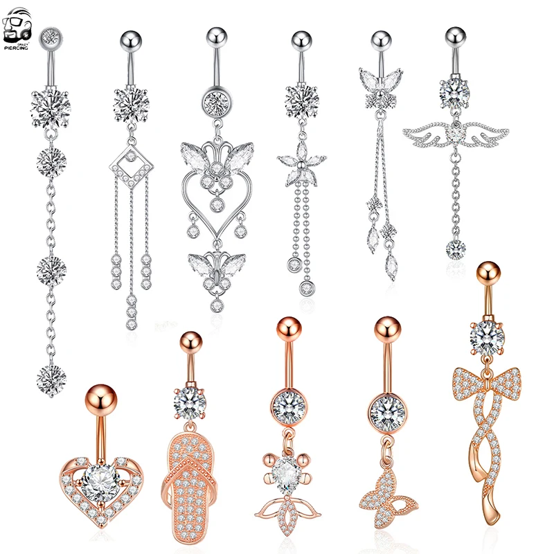 Кольцо для пирсинга пупка женское с кристаллами из циркония | Пирсинг