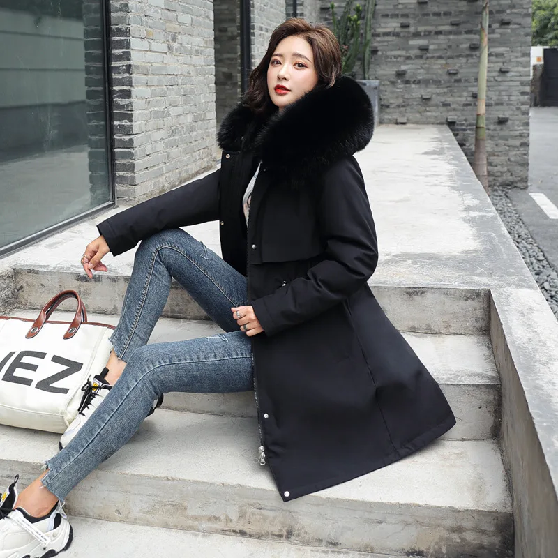

New Women Hooded Padded Jacket Winter Warm Fleece Lining Thick Long Coat Female Big Fur Collar Parkas Female Plus Size Outwear