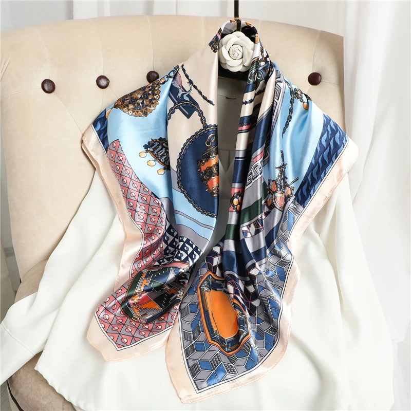 

90*90cm Luxury Brand Satin Silk Square Scarf Hijab Women Bandana Muffler Fashion Shawls Muslim Wrap Headband Neckerchief Foulard