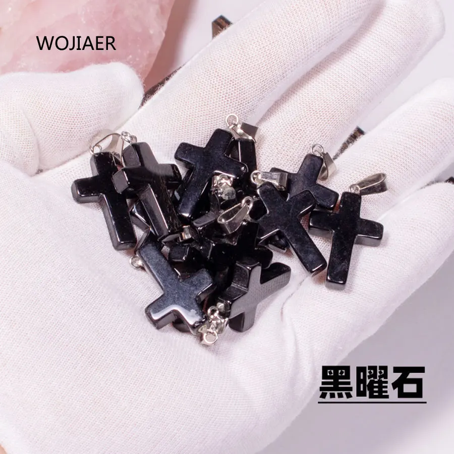 

WOJIAER Stylish Natural Obsidian Gem Stone Cross Pendant Pendulum Stone 25x18x6mm Energy Handmade Jewelry 1PCS ZM0501