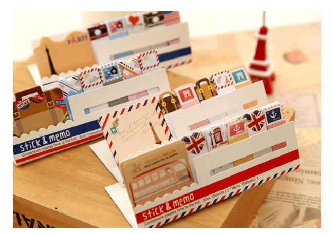 4pcs Vintage stick& memo sheets sticker Travel London bus Paris tower Post paper note it marker Stationery office School A6511